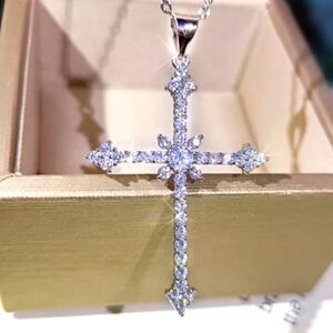 925 Sterling Cross Clear White Diamond Pendant Necklace - Women's